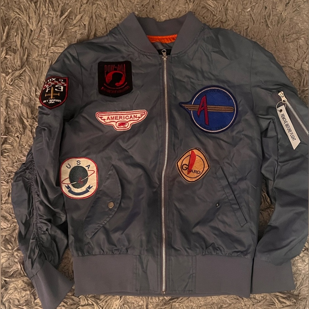 Men's Gray Bomber Jacket with Patches
